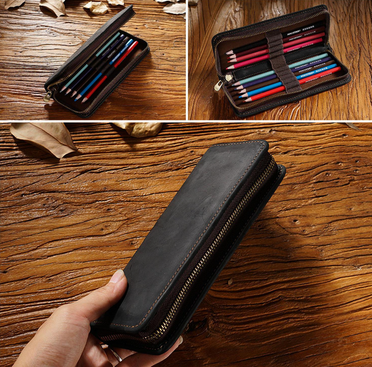 Black Genuine Leather Pencil Case - Vintage Zip-Up Pen Holder with Elastic Loops V888-ELOSUNG22176