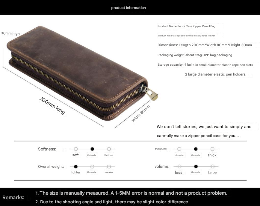 Black Genuine Leather Pencil Case - Vintage Zip-Up Pen Holder with Elastic Loops V888-ELOSUNG22176