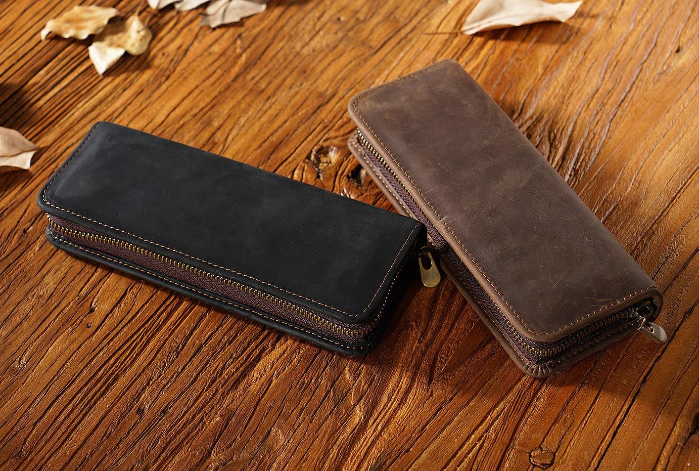 Black Genuine Leather Pencil Case - Vintage Zip-Up Pen Holder with Elastic Loops V888-ELOSUNG22176
