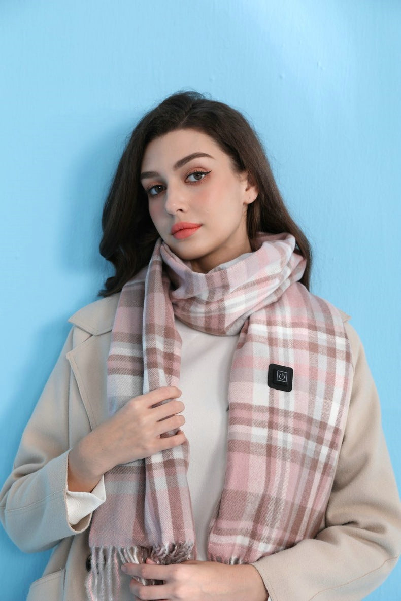 Light Pink Plaid Heated Scarf - Electric Warming Scarf, Winter Outdoor Essential (Without power bank) V888-ELOSUNG22234