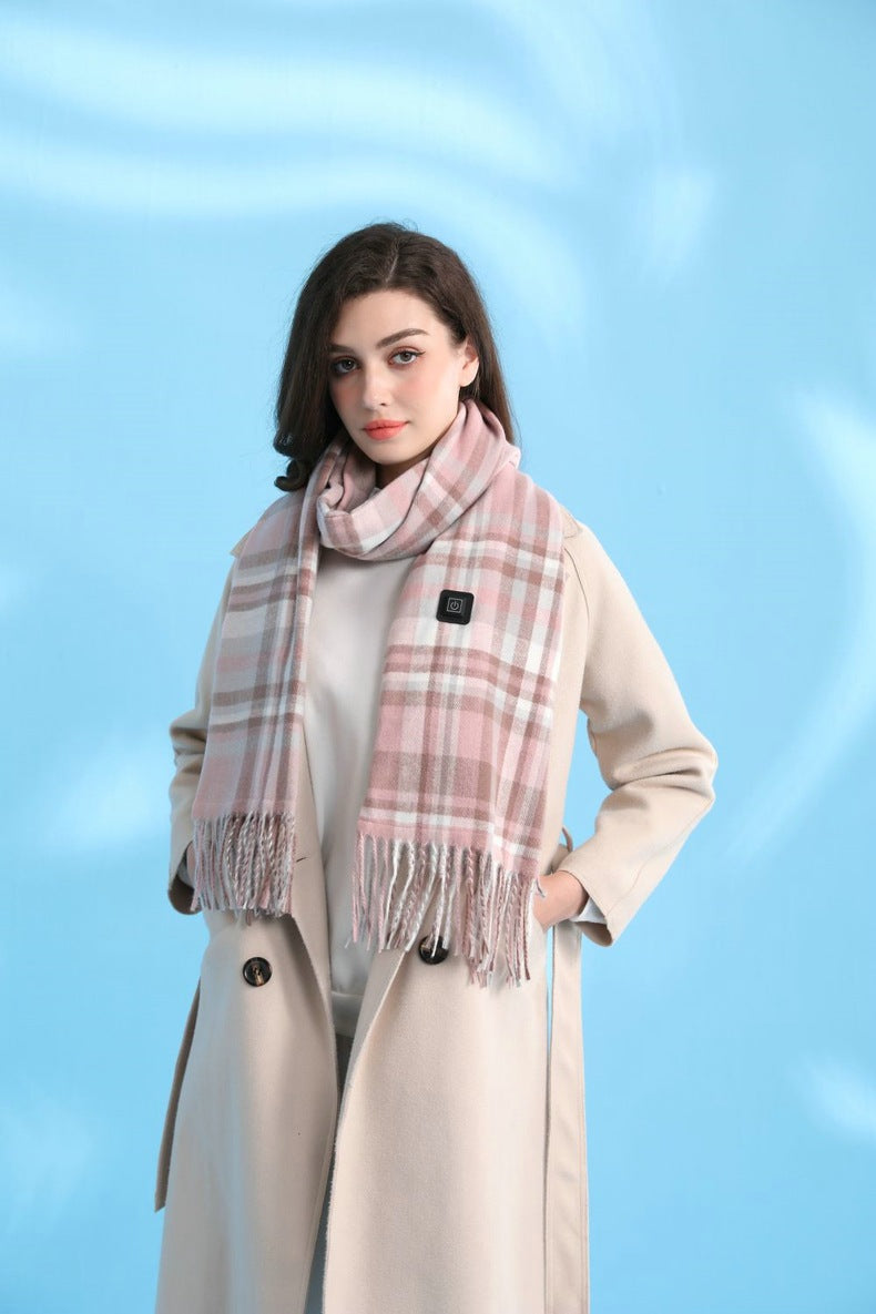Light Pink Plaid Heated Scarf - Electric Warming Scarf, Winter Outdoor Essential (Without power bank) V888-ELOSUNG22234