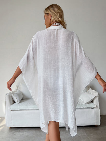 White Summer Beach Cover-Up- Bamboo Cotton Sun Protection Cardigan V888-ELOSUNG22241