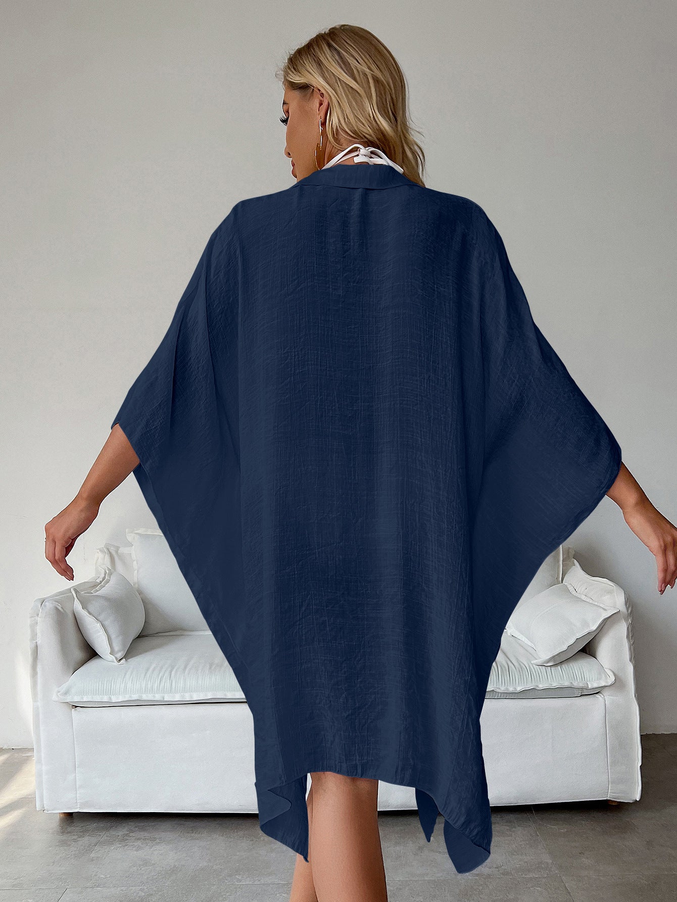 Navy Blue Summer Beach Cover-Up- Bamboo Cotton Sun Protection Cardigan V888-ELOSUNG22247