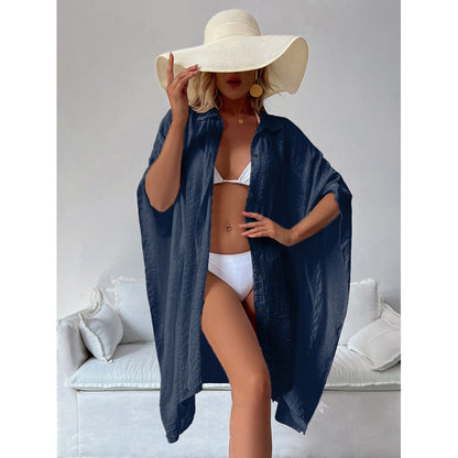 Navy Blue Summer Beach Cover-Up- Bamboo Cotton Sun Protection Cardigan V888-ELOSUNG22247