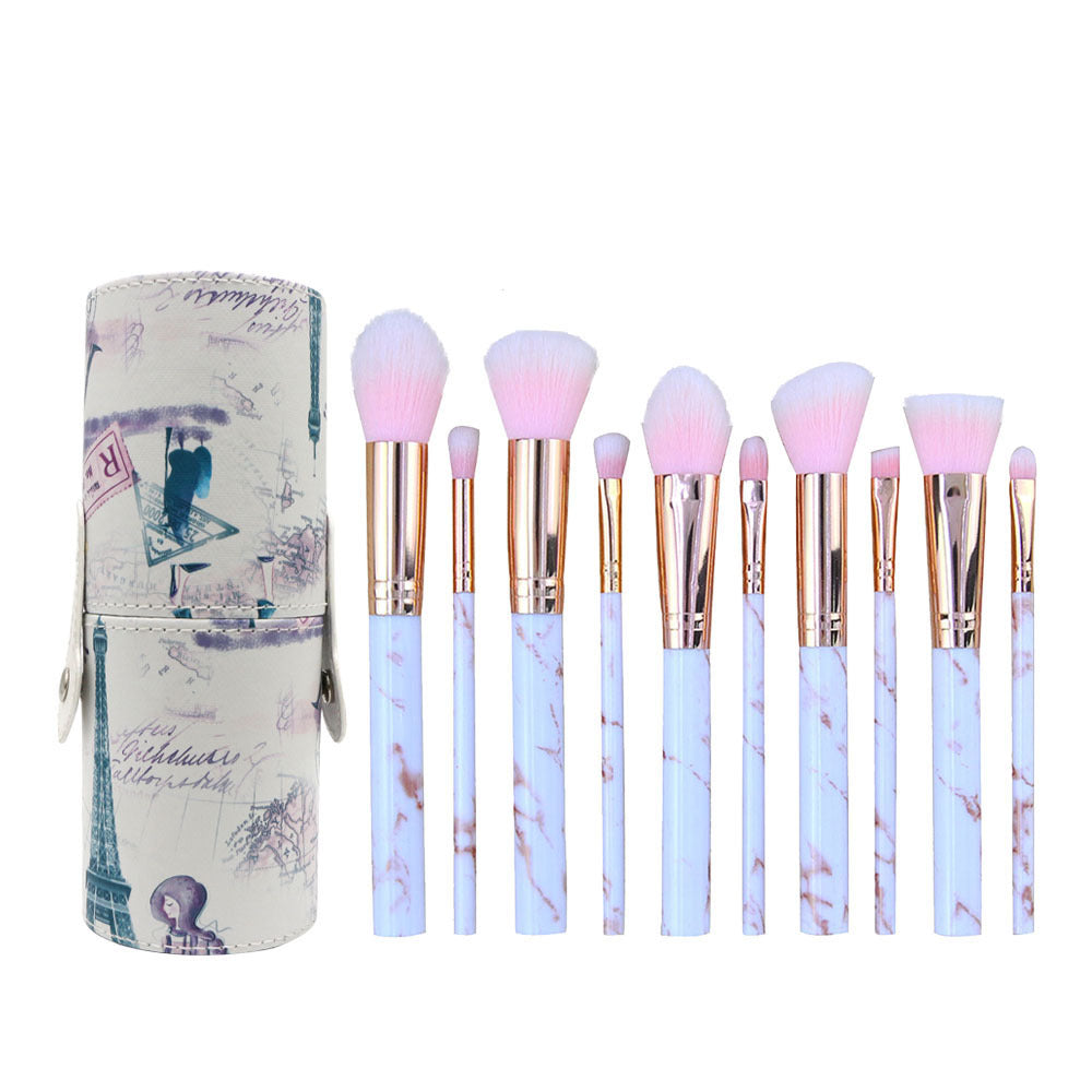 Barrel Pink Marble Makeup Brush Collection - 10 brushes for face, eyes and lips V888-ELOSUNG22345