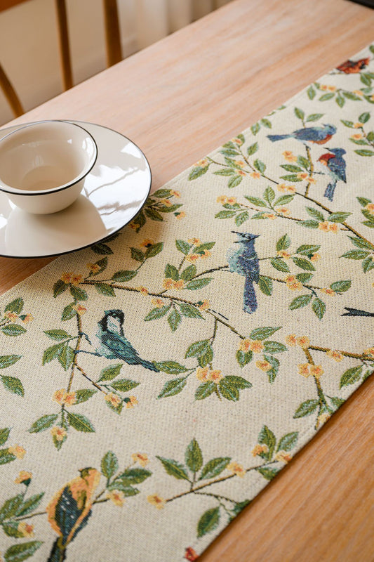 Birds & Branch Table Runner - Jacquard Woven Beige with Tassels(33X200CM) V888-ELOSUNG22370