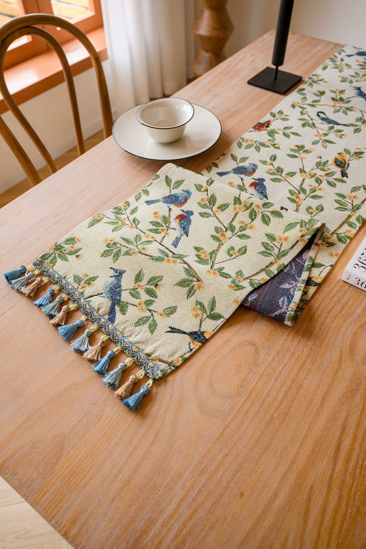 Birds & Branch Table Runner - Jacquard Woven Beige with Tassels(33X200CM) V888-ELOSUNG22370