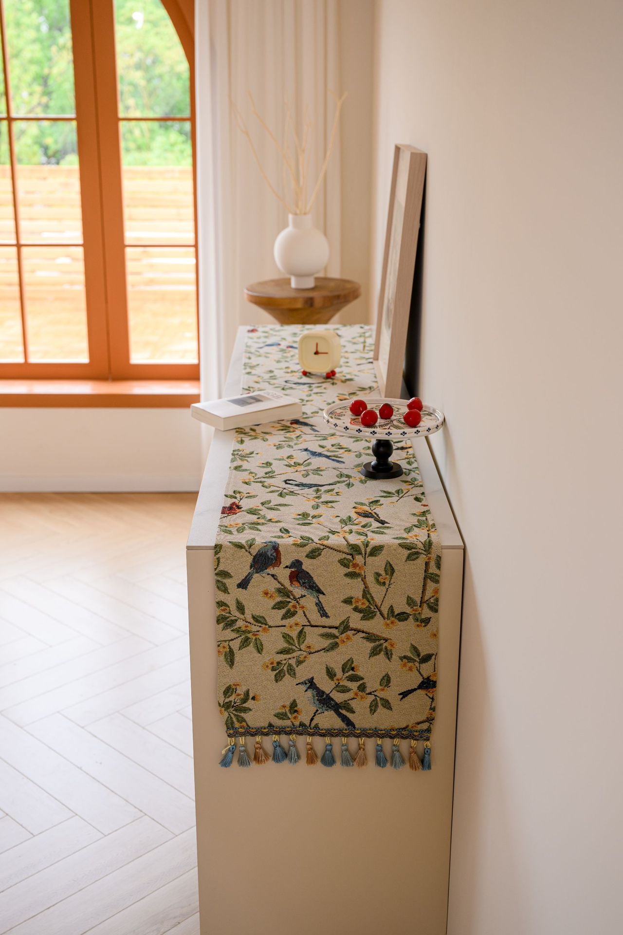 Birds & Branch Table Runner - Jacquard Woven Beige with Tassels(33X200CM) V888-ELOSUNG22370