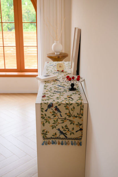 Birds & Branch Table Runner - Jacquard Woven Beige with Tassels(33X200CM) V888-ELOSUNG22370