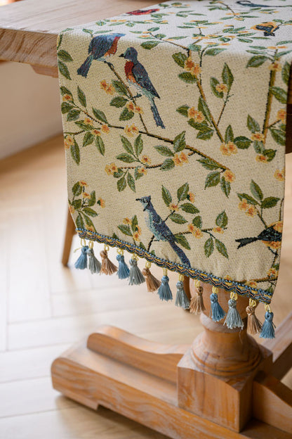 Birds & Branch Table Runner - Jacquard Woven Beige with Tassels(33X200CM) V888-ELOSUNG22370
