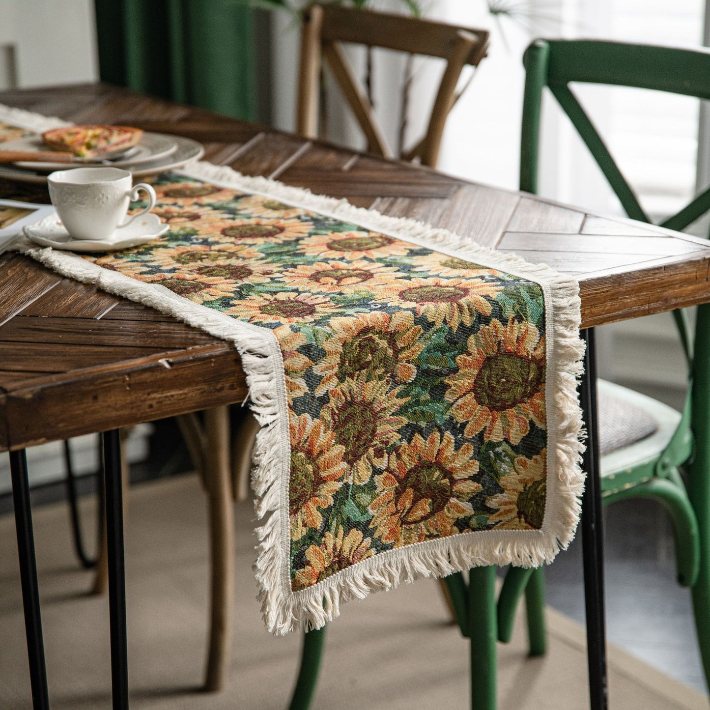 2 PCS Sunflower Table Runner with Fringe - Jacquard Woven Cotton Blend (30x120cm) V888-ELOSUNG22377
