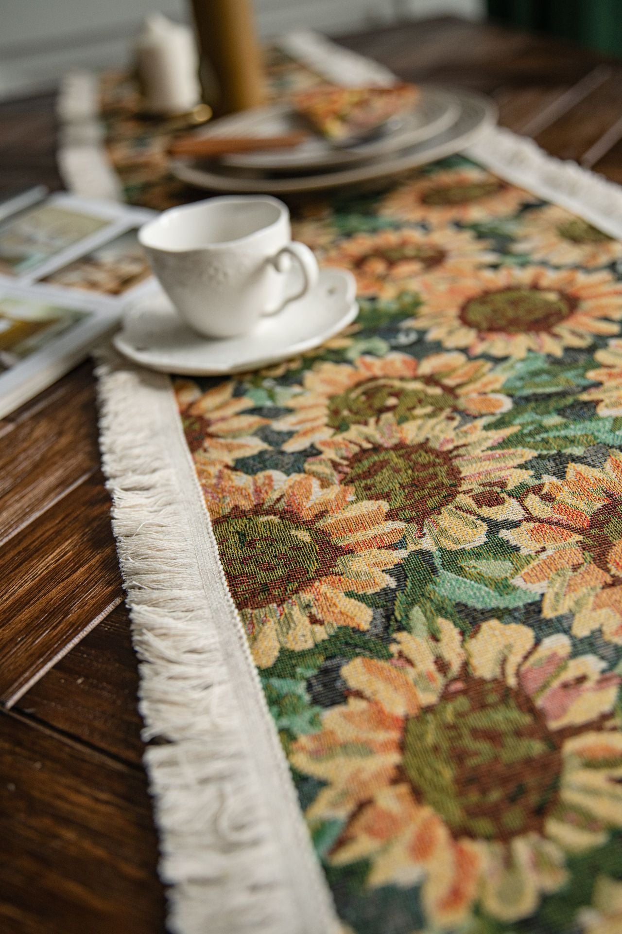 2 PCS Sunflower Table Runner with Fringe - Jacquard Woven Cotton Blend (30x120cm) V888-ELOSUNG22377