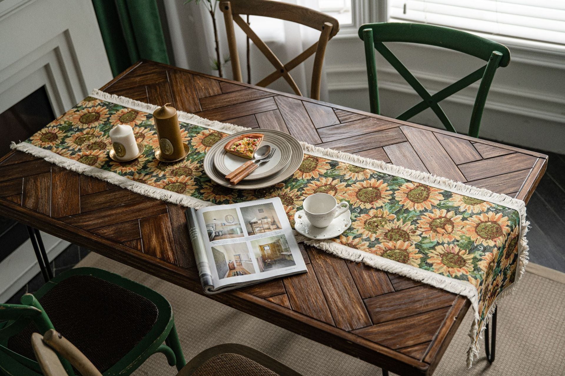 2 PCS Sunflower Table Runner with Fringe - Jacquard Woven Cotton Blend (30x120cm) V888-ELOSUNG22377