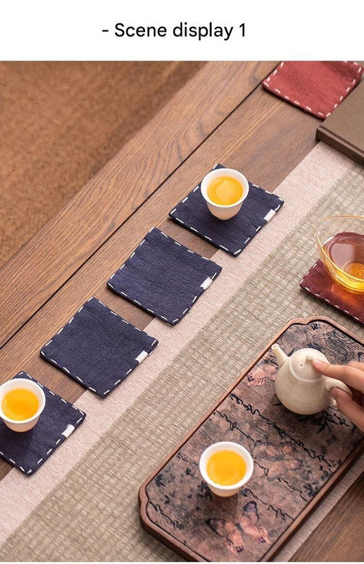 Navy Blue Chinese Style Linen Coasters - Set of 4, Hand-Embroidered Tea Mats (9x9cm) V888-ELOSUNG22408