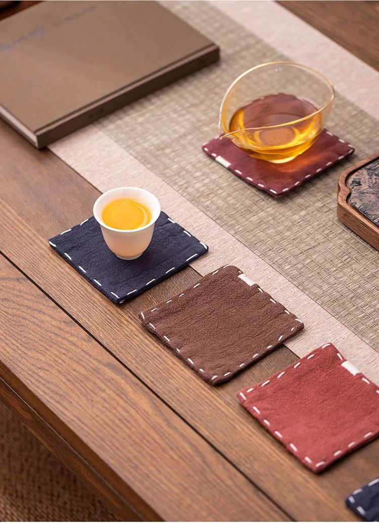 Navy Blue Chinese Style Linen Coasters - Set of 4, Hand-Embroidered Tea Mats (9x9cm) V888-ELOSUNG22408