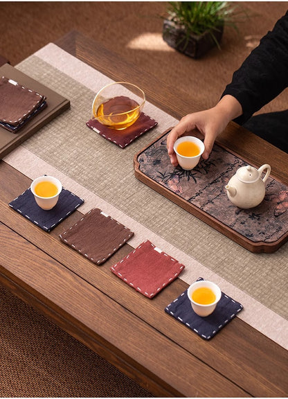 Navy Blue Chinese Style Linen Coasters - Set of 4, Hand-Embroidered Tea Mats (9x9cm) V888-ELOSUNG22408