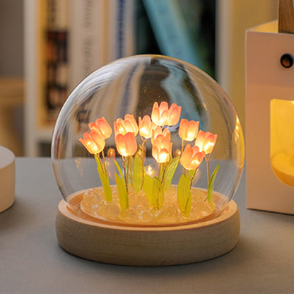 (Ten Pink Tulips) Glowing Tulip Dome Lamp - Wooden Base, Bedside Table Decoration V888-ELOSUNG22481