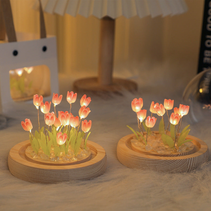 (Ten Pink Tulips) Glowing Tulip Dome Lamp - Wooden Base, Bedside Table Decoration V888-ELOSUNG22481