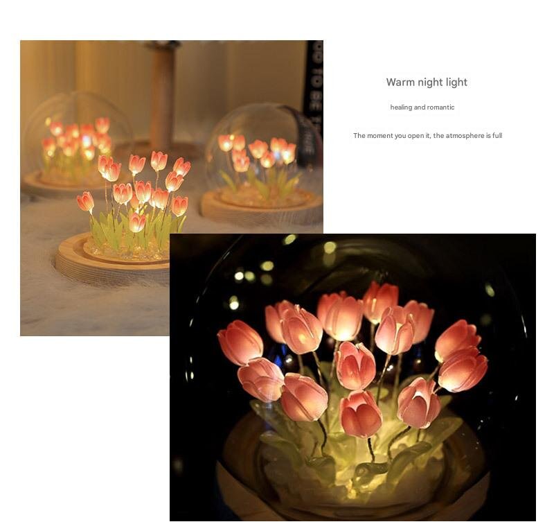 (Ten Pink Tulips) Glowing Tulip Dome Lamp - Wooden Base, Bedside Table Decoration V888-ELOSUNG22481