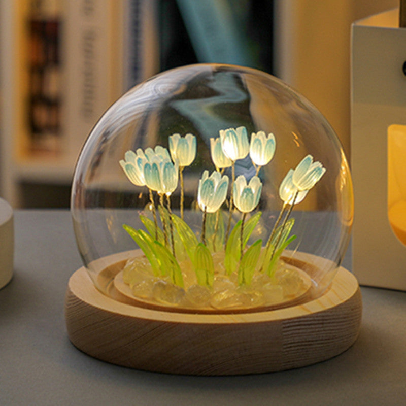 (Ten Blue Tulips) Glowing Tulip Dome Lamp - Wooden Base, Bedside Table Decoration V888-ELOSUNG22482