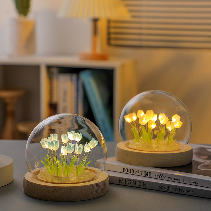(Ten Blue Tulips) Glowing Tulip Dome Lamp - Wooden Base, Bedside Table Decoration V888-ELOSUNG22482