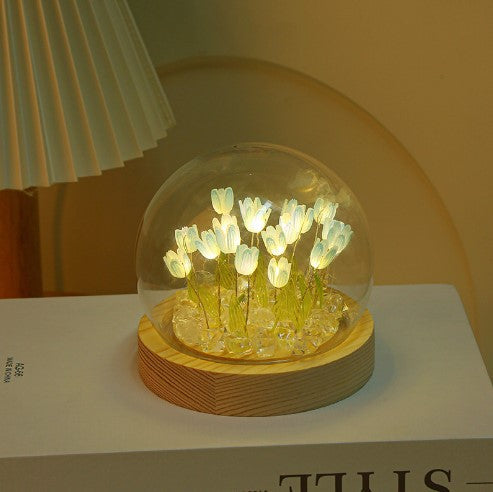 (Ten Blue Tulips) Glowing Tulip Dome Lamp - Wooden Base, Bedside Table Decoration V888-ELOSUNG22482
