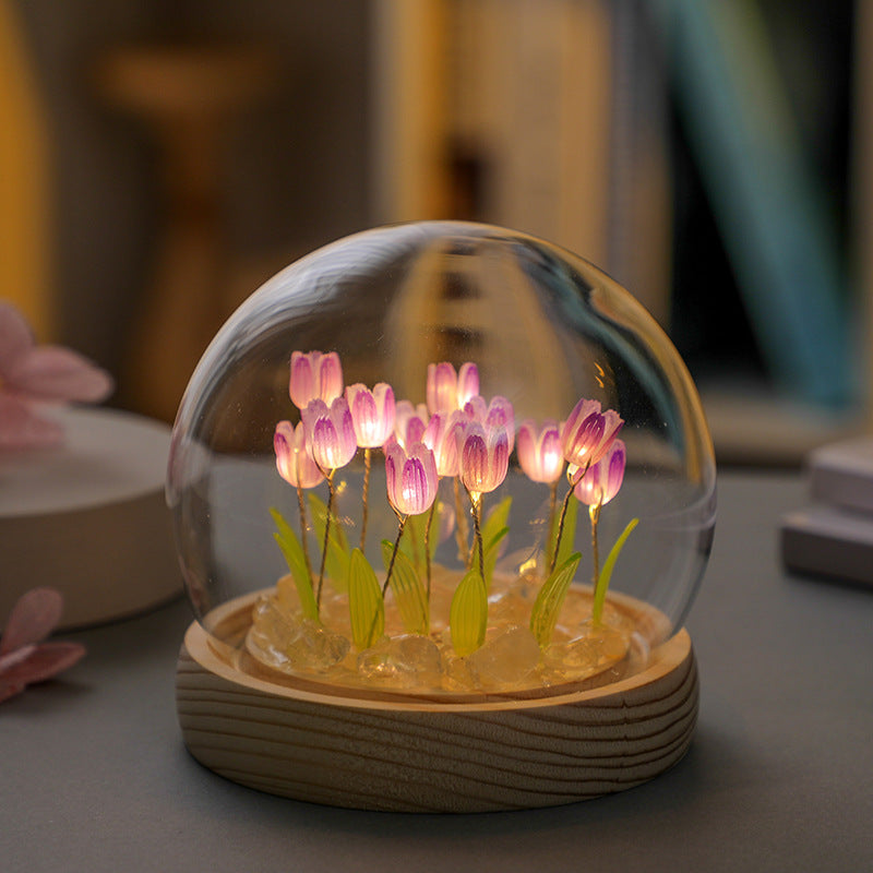 (Ten Purple Tulips) Glowing Tulip Dome Lamp - Wooden Base, Bedside Table Decoration V888-ELOSUNG22484