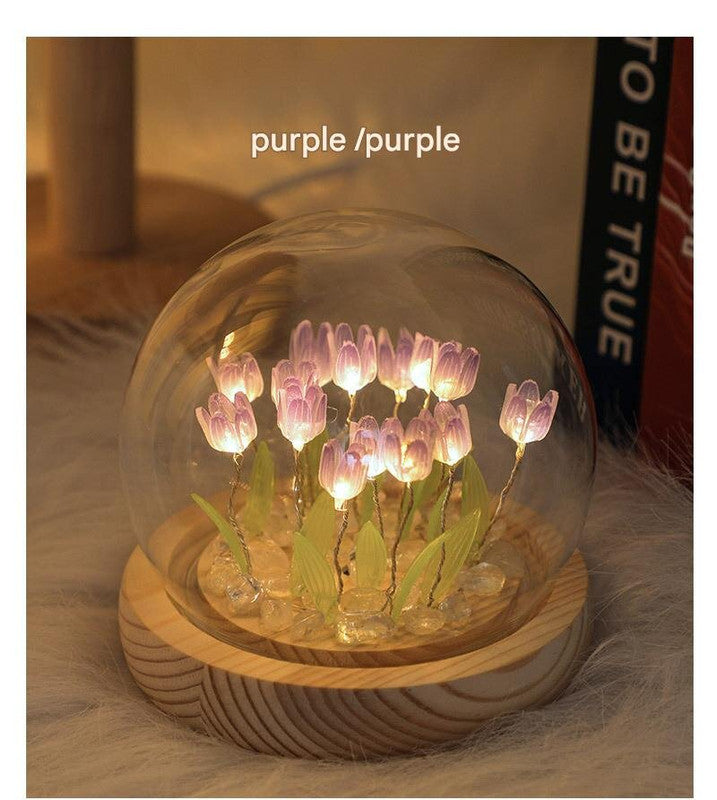 (Ten Purple Tulips) Glowing Tulip Dome Lamp - Wooden Base, Bedside Table Decoration V888-ELOSUNG22484