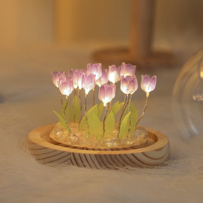 (Ten Purple Tulips) Glowing Tulip Dome Lamp - Wooden Base, Bedside Table Decoration V888-ELOSUNG22484