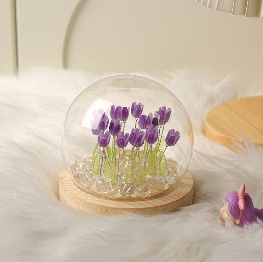 (Ten Purple Tulips) Glowing Tulip Dome Lamp - Wooden Base, Bedside Table Decoration V888-ELOSUNG22484