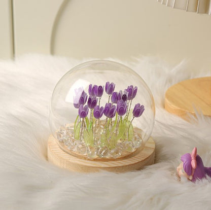 (Ten Purple Tulips) Glowing Tulip Dome Lamp - Wooden Base, Bedside Table Decoration V888-ELOSUNG22484