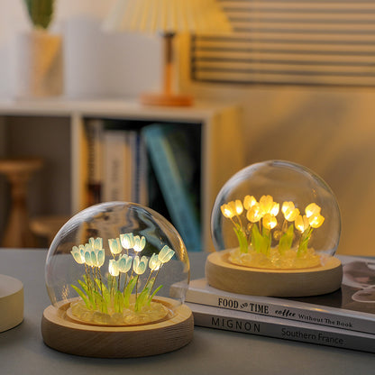 (Thirteen Blue Tulips) Glowing Tulip Dome Lamp - Wooden Base, Bedside Table Decoration V888-ELOSUNG22485