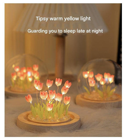 (Thirteen Pink Tulips) Glowing Tulip Dome Lamp - Wooden Base, Bedside Table Decoration V888-ELOSUNG22488