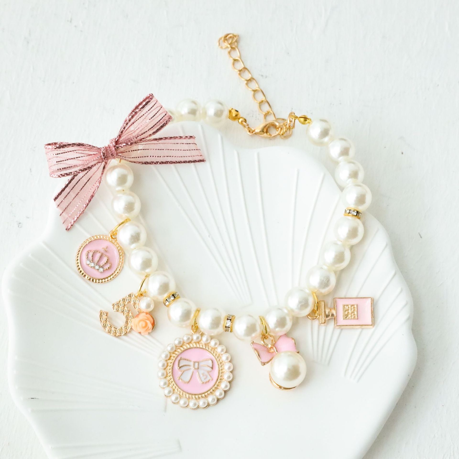 Pink 4-PCS Pearl Charm Pet Necklace - Adjustable Bowknot Collar for Small Dogs & Cats (L: 30+5CM) V888-ELOSUNG22520