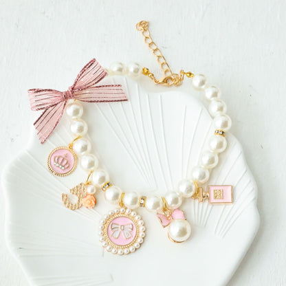 Pink 4-PCS Pearl Charm Pet Necklace - Adjustable Bowknot Collar for Small Dogs & Cats (L: 30+5CM) V888-ELOSUNG22520