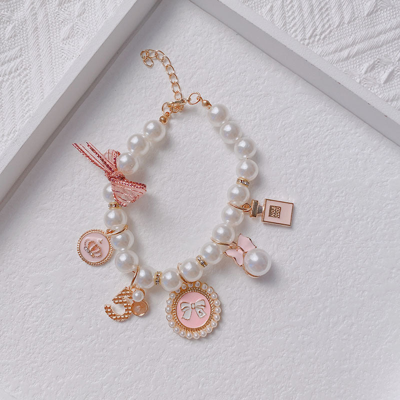 Pink 4-PCS Pearl Charm Pet Necklace - Adjustable Bowknot Collar for Small Dogs & Cats (L: 30+5CM) V888-ELOSUNG22520
