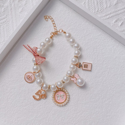 Pink 4-PCS Pearl Charm Pet Necklace - Adjustable Bowknot Collar for Small Dogs & Cats (L: 30+5CM) V888-ELOSUNG22520