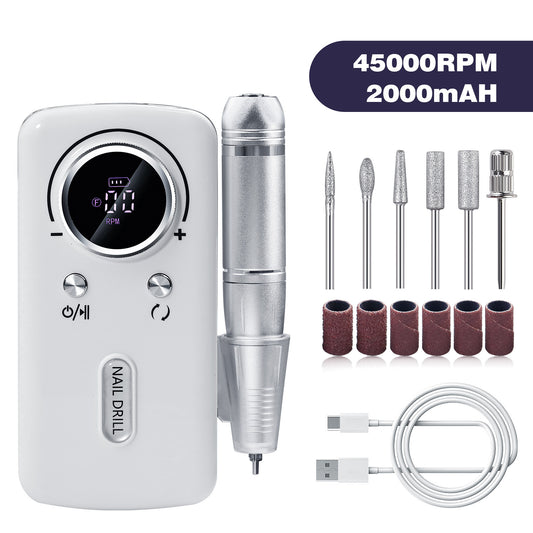 White Professional Electric Nail Drill, 45000RPM Rechargeable Nail Grinder Polisher for Salon & Home Use V888-ELOSUNG22696