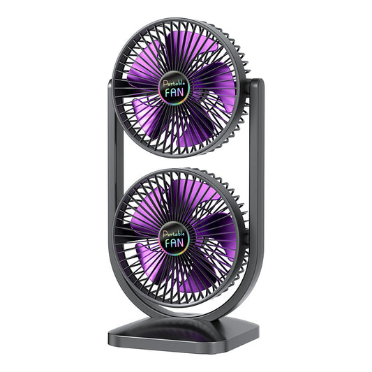 Purple Dual Head USB Rechargeable Desk Fan - Portable Double Air Circulator V888-ELOSUNG22701