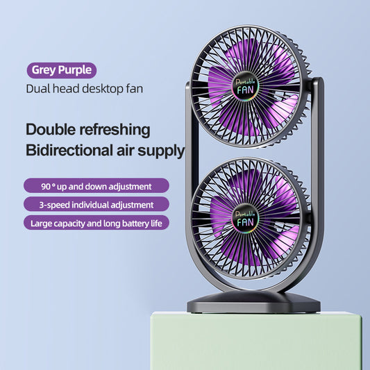 Purple Dual Head USB Rechargeable Desk Fan - Portable Double Air Circulator V888-ELOSUNG22701