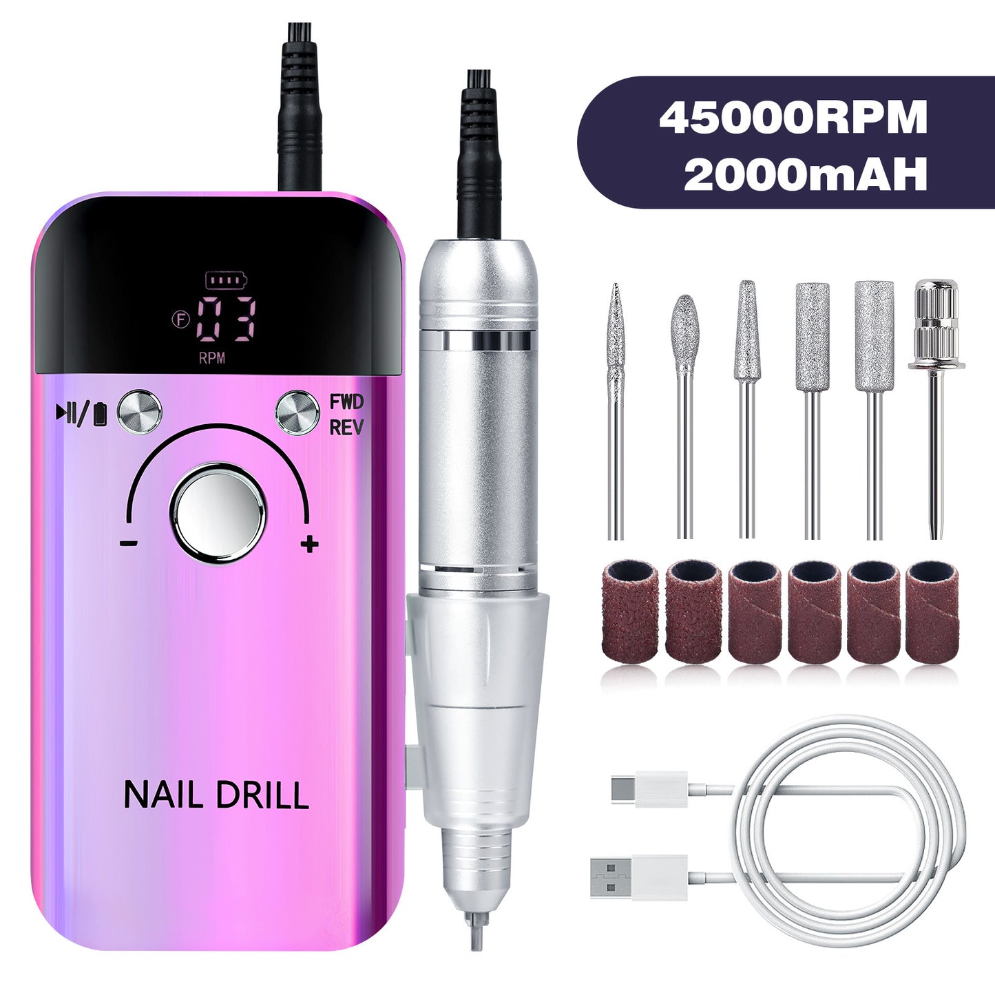 Purple High Speed Portable Nail Drill Set - Electric Nail File Set with 6 Nail Drill Bits V888-ELOSUNG22705
