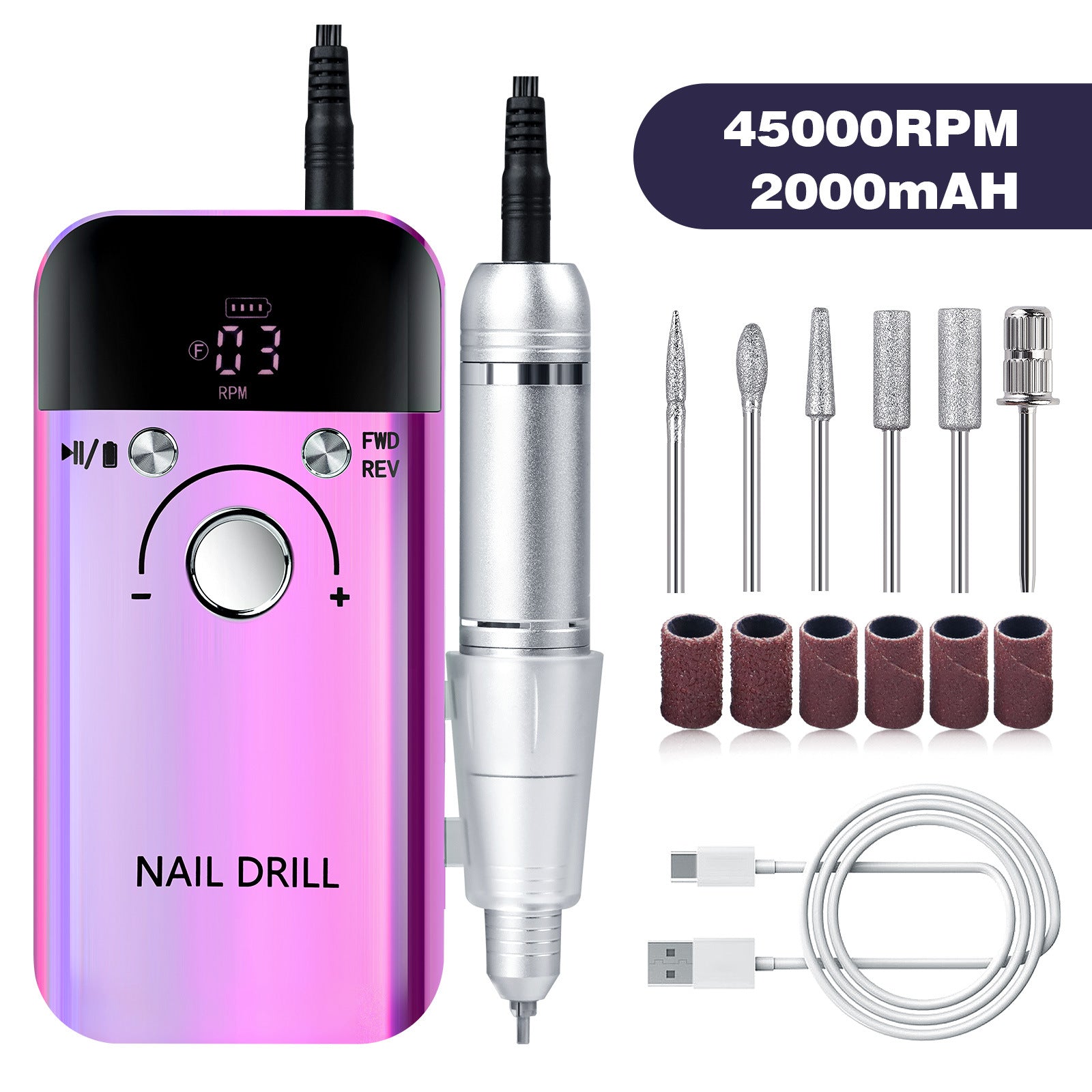 Purple High Speed Portable Nail Drill Set - Electric Nail File Set with 6 Nail Drill Bits V888-ELOSUNG22705