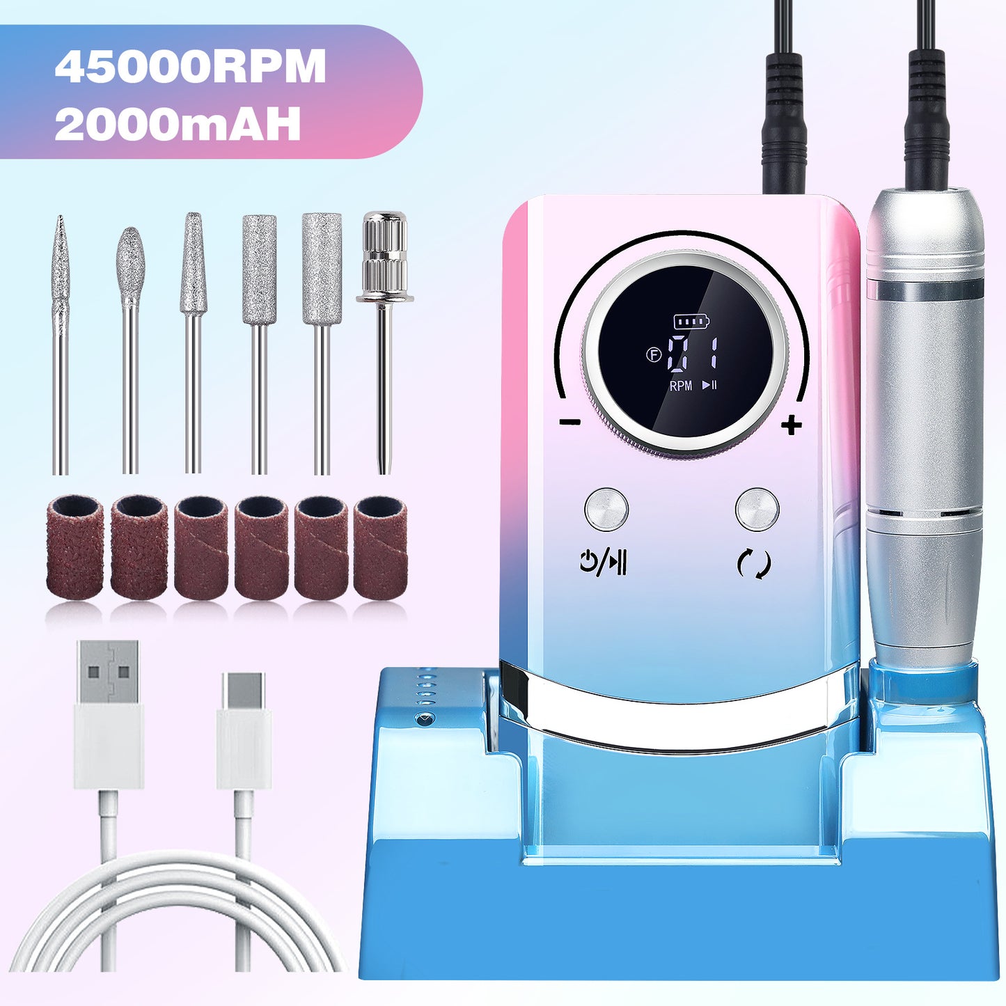 Pink+Blue Portable Electric Nail Drill - Rechargeable, Adjustable Speed, Low Vibration V888-ELOSUNG22708