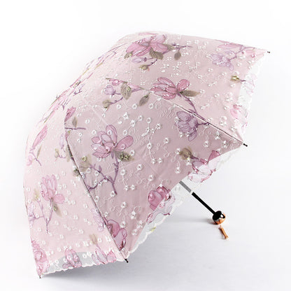 Pink Elegant Lace Parasol - UV Protection, Sun & Rain Umbrella, Tri-Fold Design V888-ELOSUNG22729