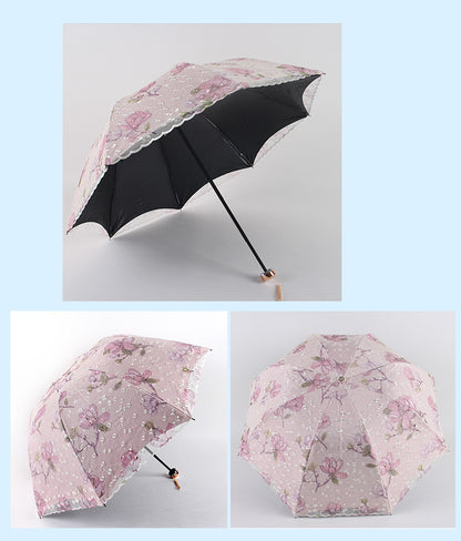 Pink Elegant Lace Parasol - UV Protection, Sun & Rain Umbrella, Tri-Fold Design V888-ELOSUNG22729