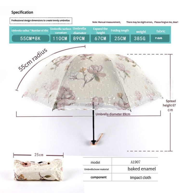 Pink Elegant Lace Parasol - UV Protection, Sun & Rain Umbrella, Tri-Fold Design V888-ELOSUNG22729