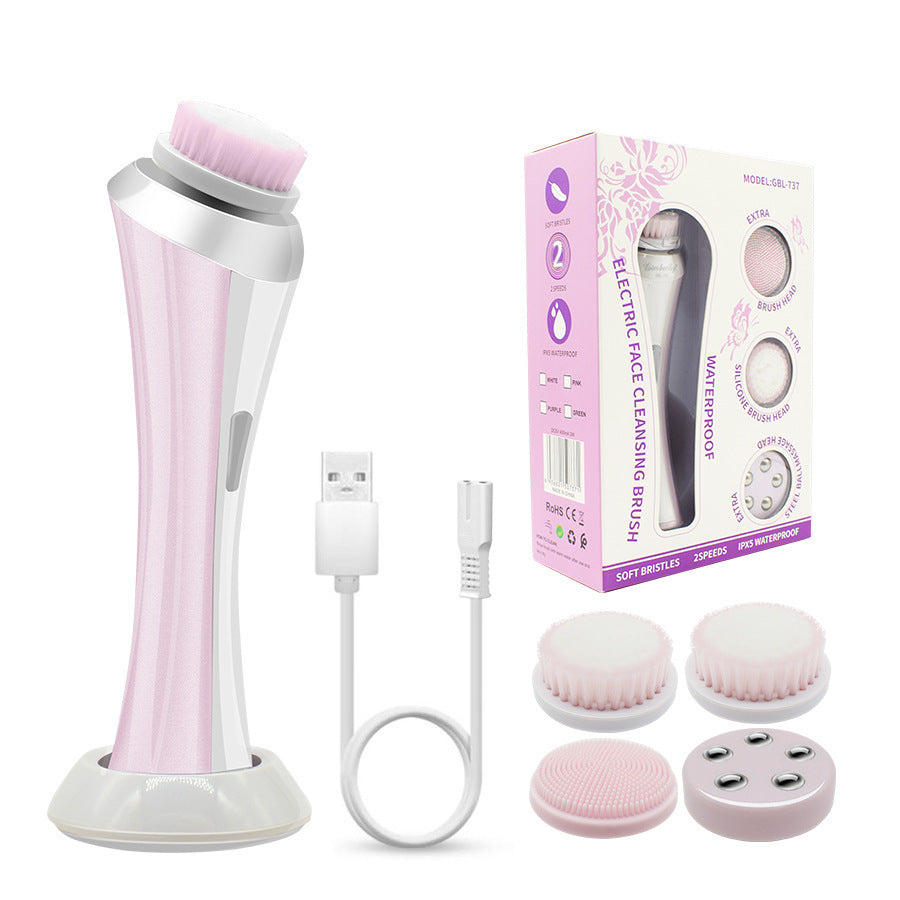 Pink Rechargeable Facial Cleansing Brush Kit with 4 Heads & Charging Dock V888-ELOSUNG22779