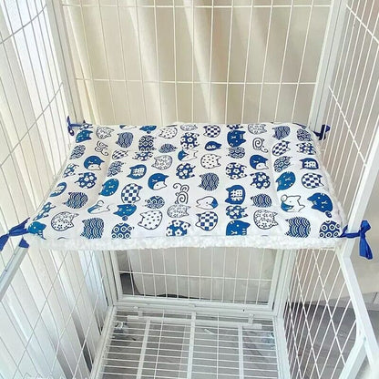 Tie-On Cat Cage Platform Pad - Blue cat pattern on white background (30x50cm) V888-ELOSUNG22822