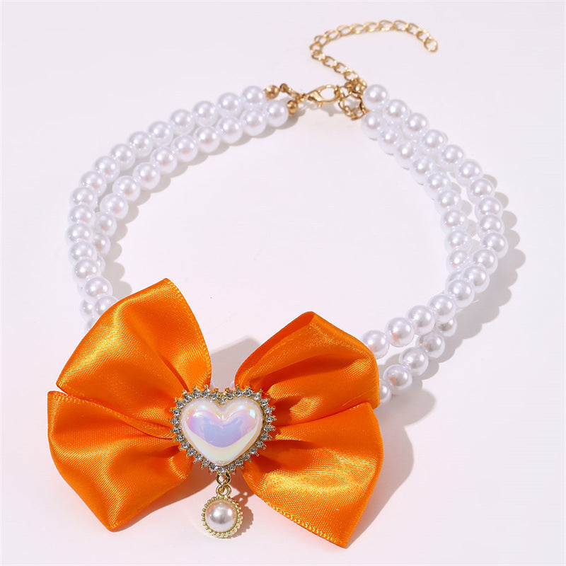 2 - PCS Cute Pet Pearl Necklace Collar with Orange Bow and Heart Charm - Size M V888-ELOSUNG22827