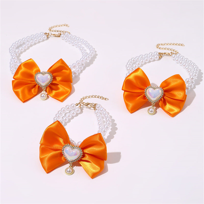 2 - PCS Cute Pet Pearl Necklace Collar with Orange Bow and Heart Charm - Size M V888-ELOSUNG22827